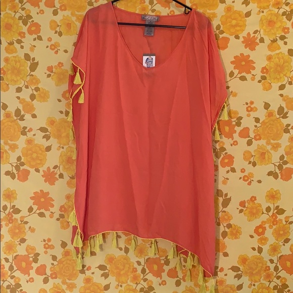 NWT C&T Beach Coral and Yellow Tassel Cover Up - Picture 7 of 8